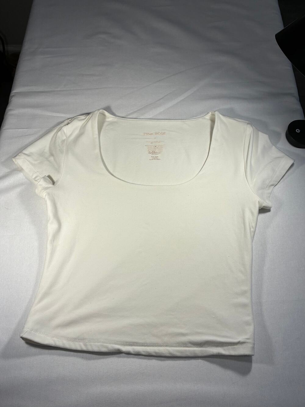 Pink Rose White Scoop Neck Fitted Baby Tee M